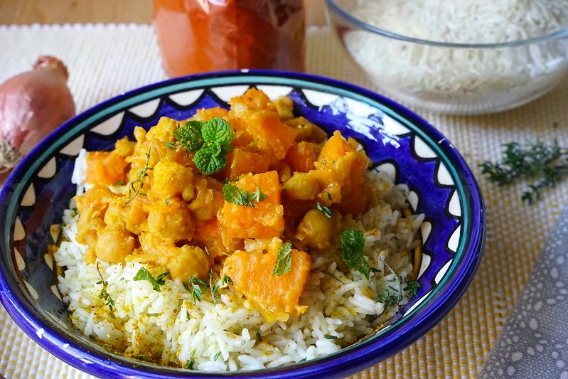 Curry di zucca e ceci con riso basmati