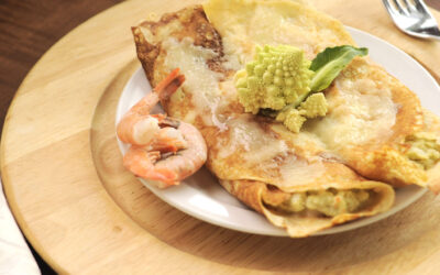 Crepes di ceci con gamberi e broccoli